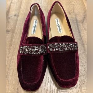 Karl Lagerfeld Burgundy Velvet Loafers with Embellished Strap